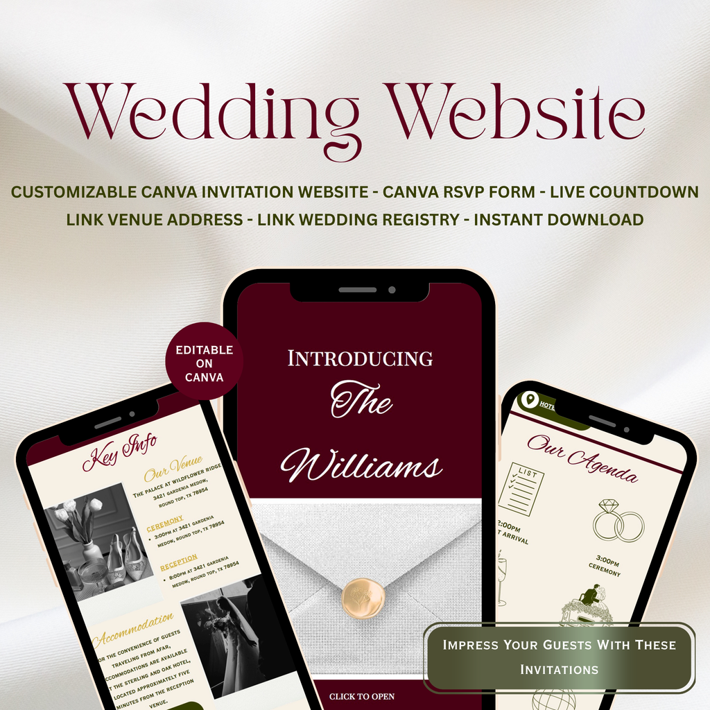 Classic Wedding Website | Live Countdown + Trackable RSVP | Fully Customizable