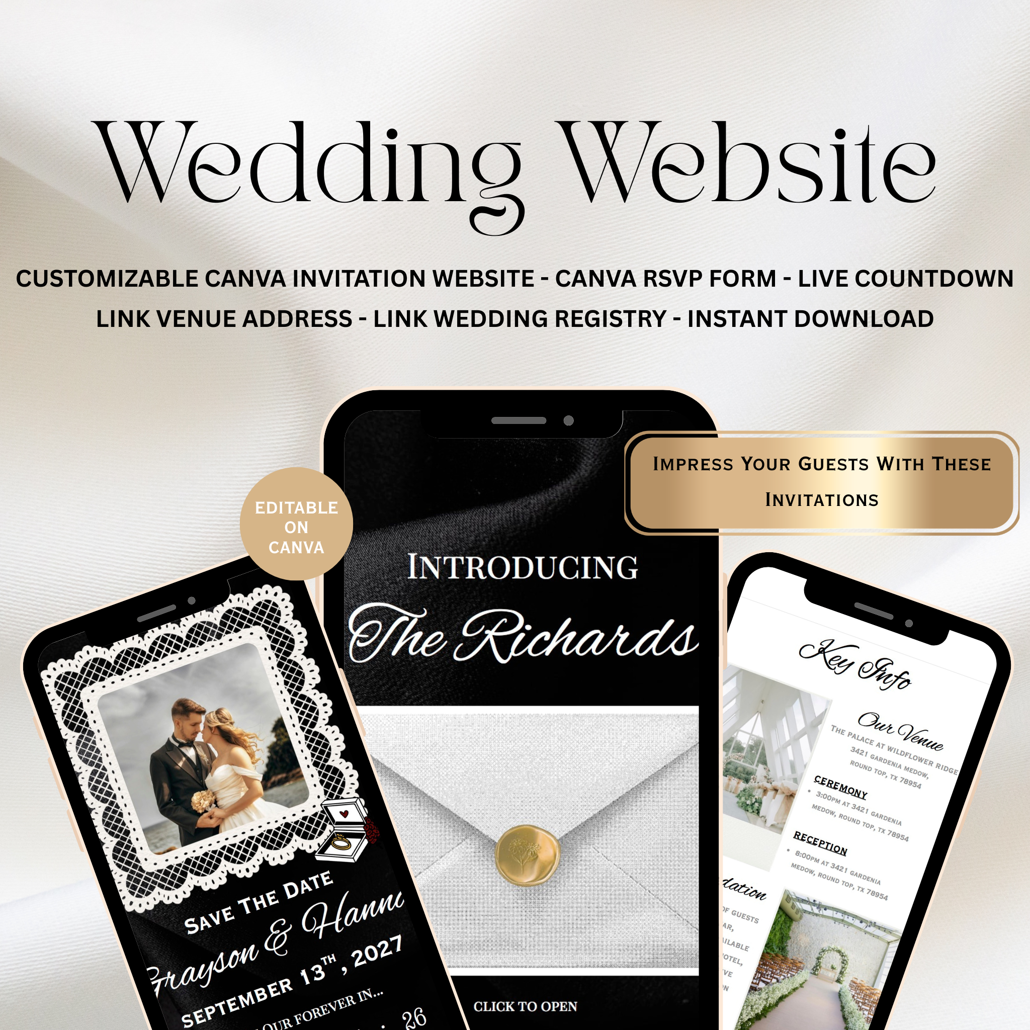 Piano Black And White Wedding Website + Save The Date | Live Countdown + Trackable RSVP | Fully Customizable