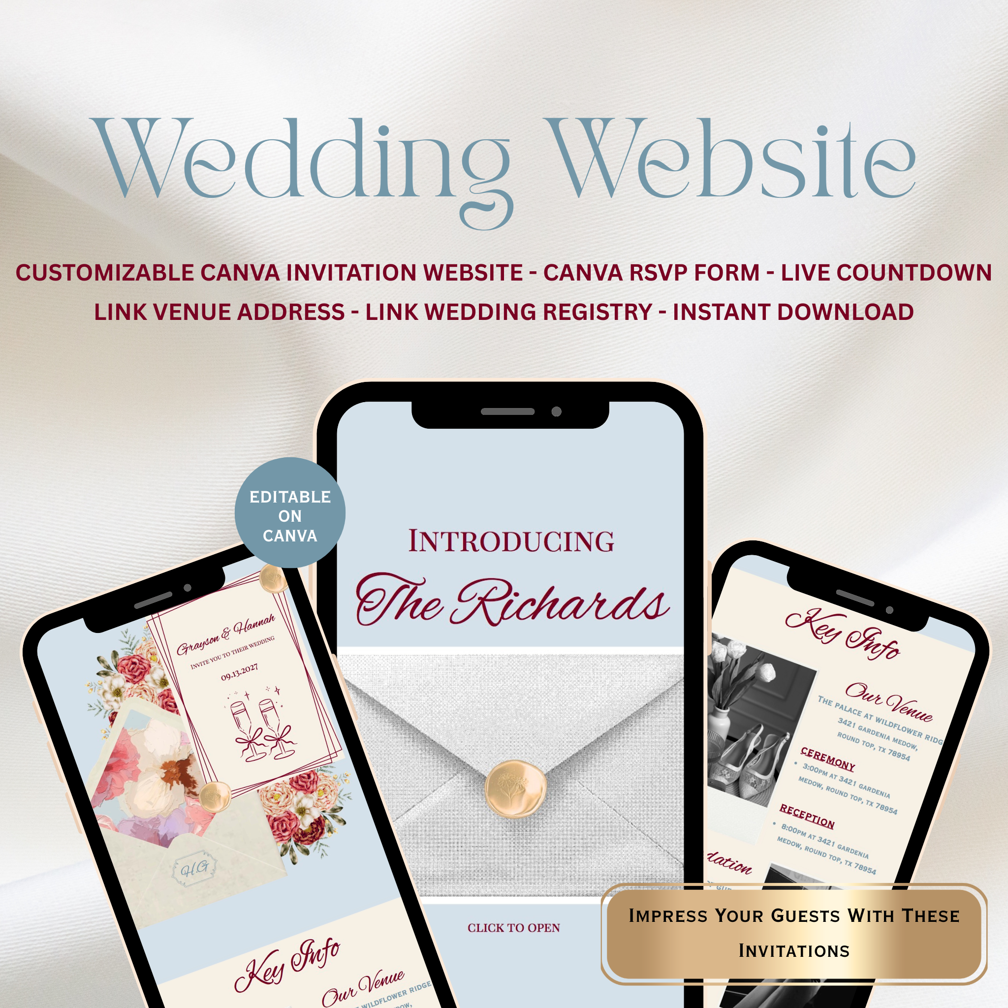 Blue And Wine Wedding Website | Live Countdown + Trackable RSVP | Fully Customizable