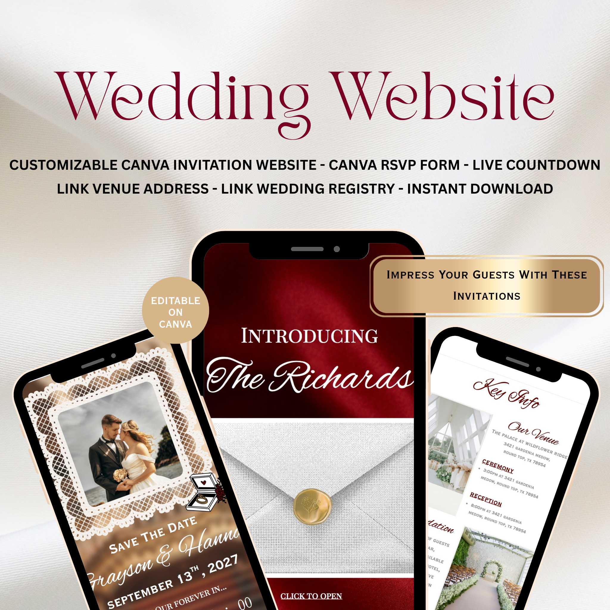 Classic Wine Wedding Website + Save The Date | Live Countdown + Trackable RSVP | Fully Customizable