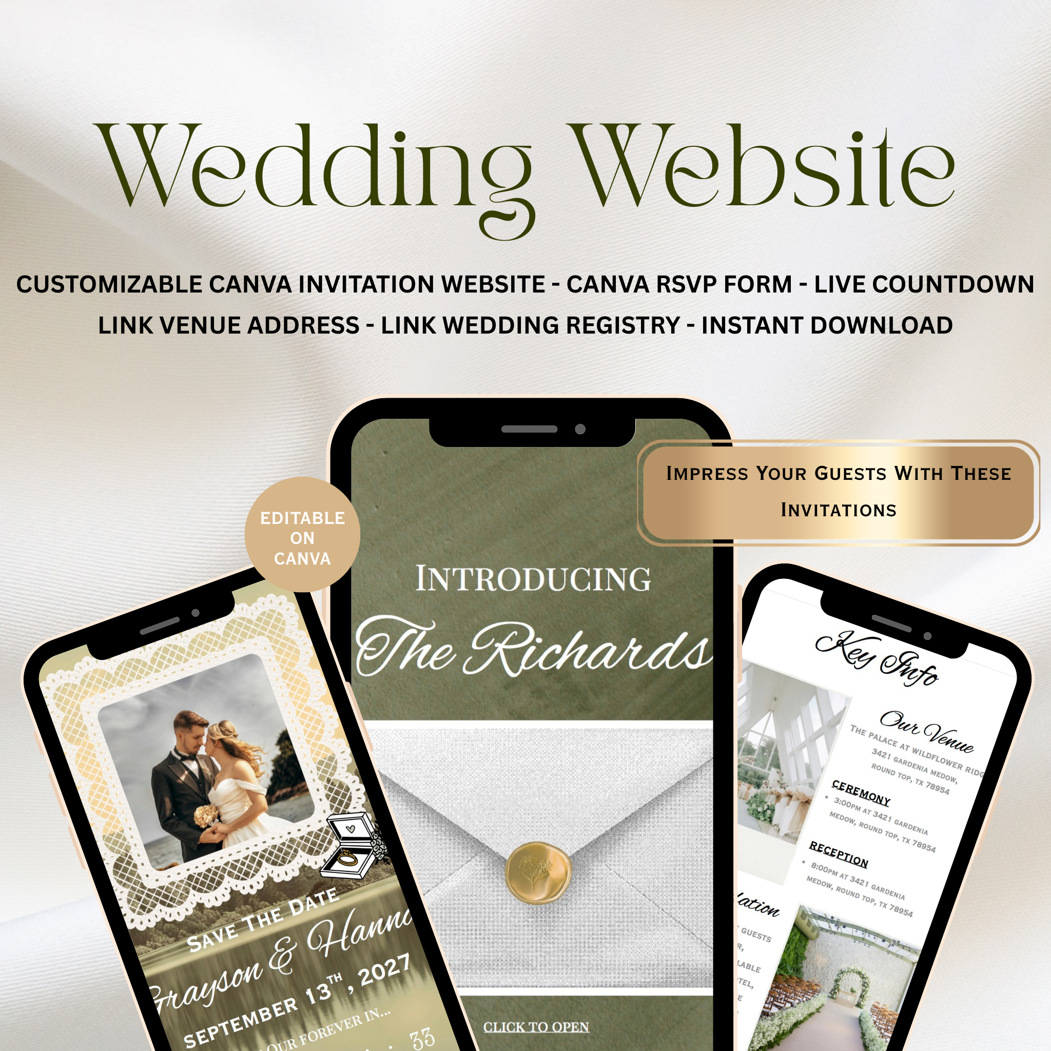 Olive Green And Gold Wedding Website + Save The Date | Live Countdown + Trackable RSVP | Fully Customizable