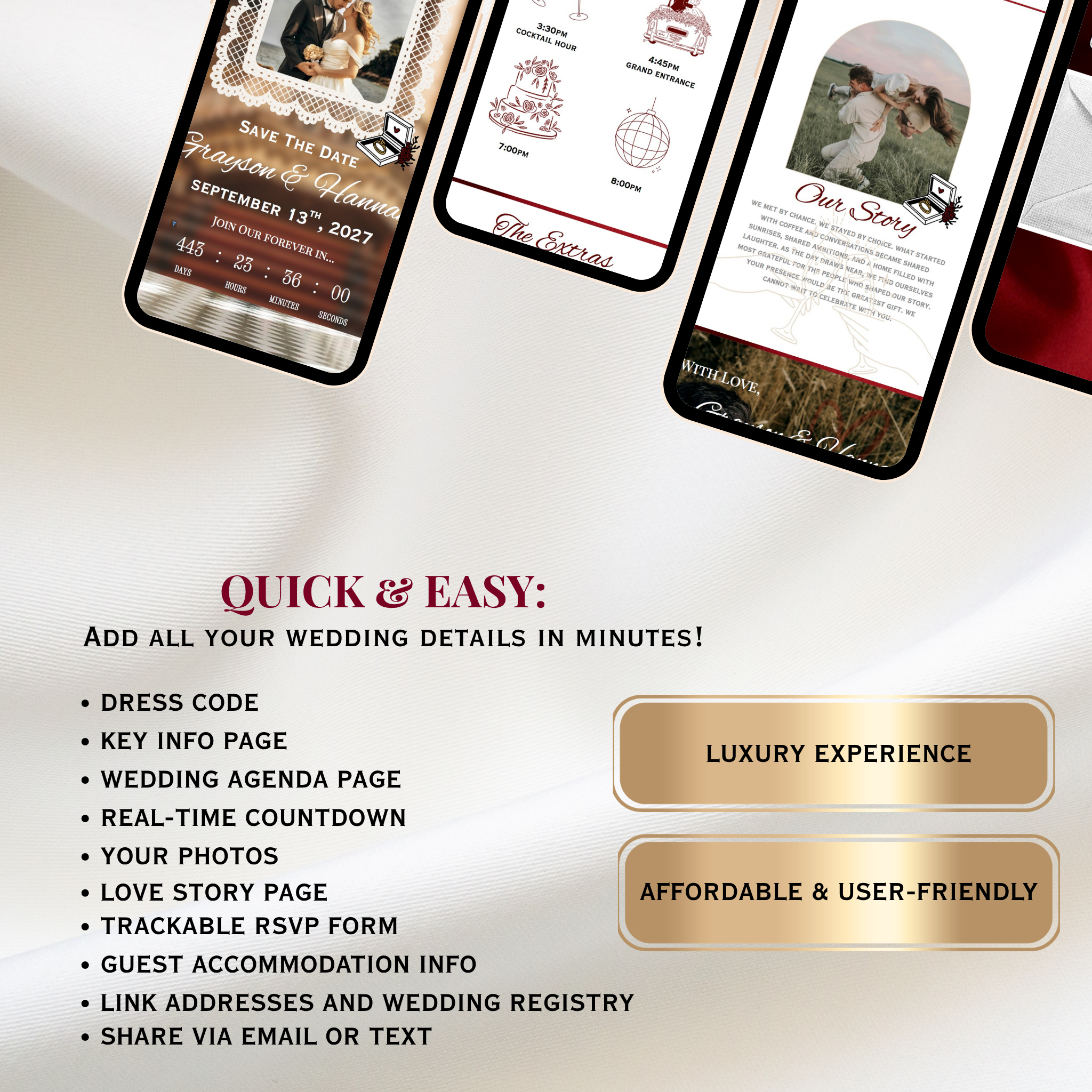 Classic Wine Wedding Website + Save The Date | Live Countdown + Trackable RSVP | Fully Customizable
