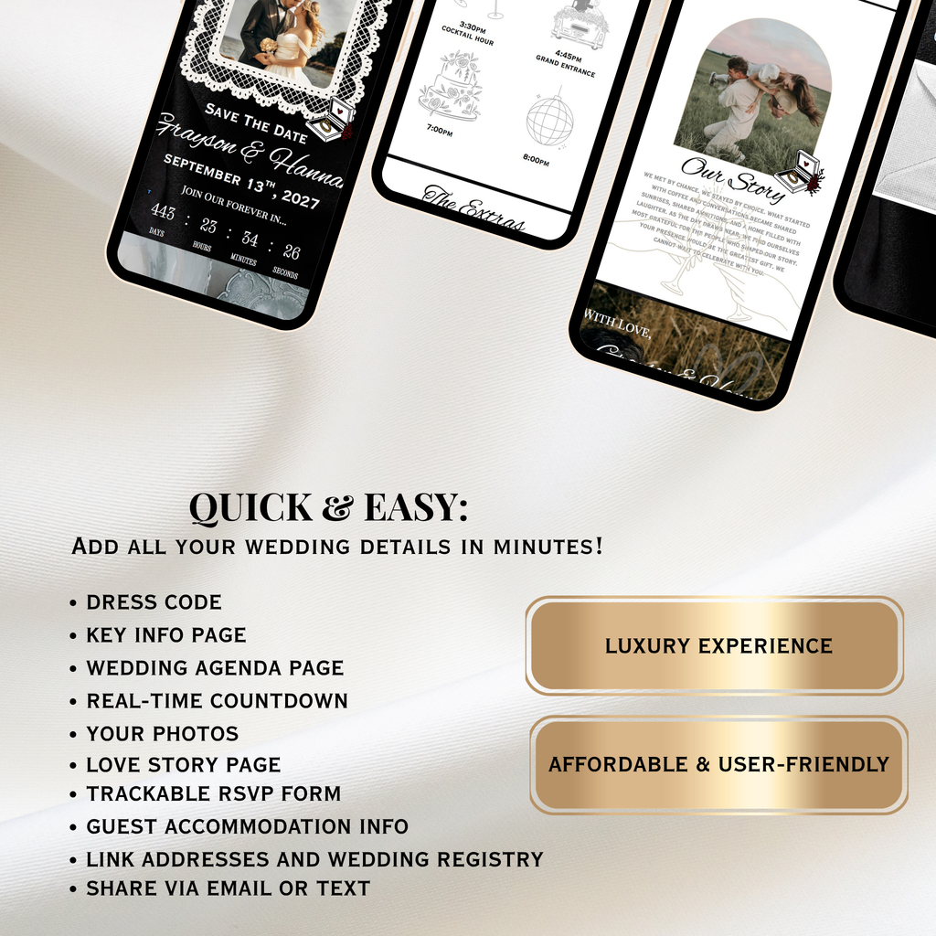 Piano Black And White Wedding Website + Save The Date | Live Countdown + Trackable RSVP | Fully Customizable