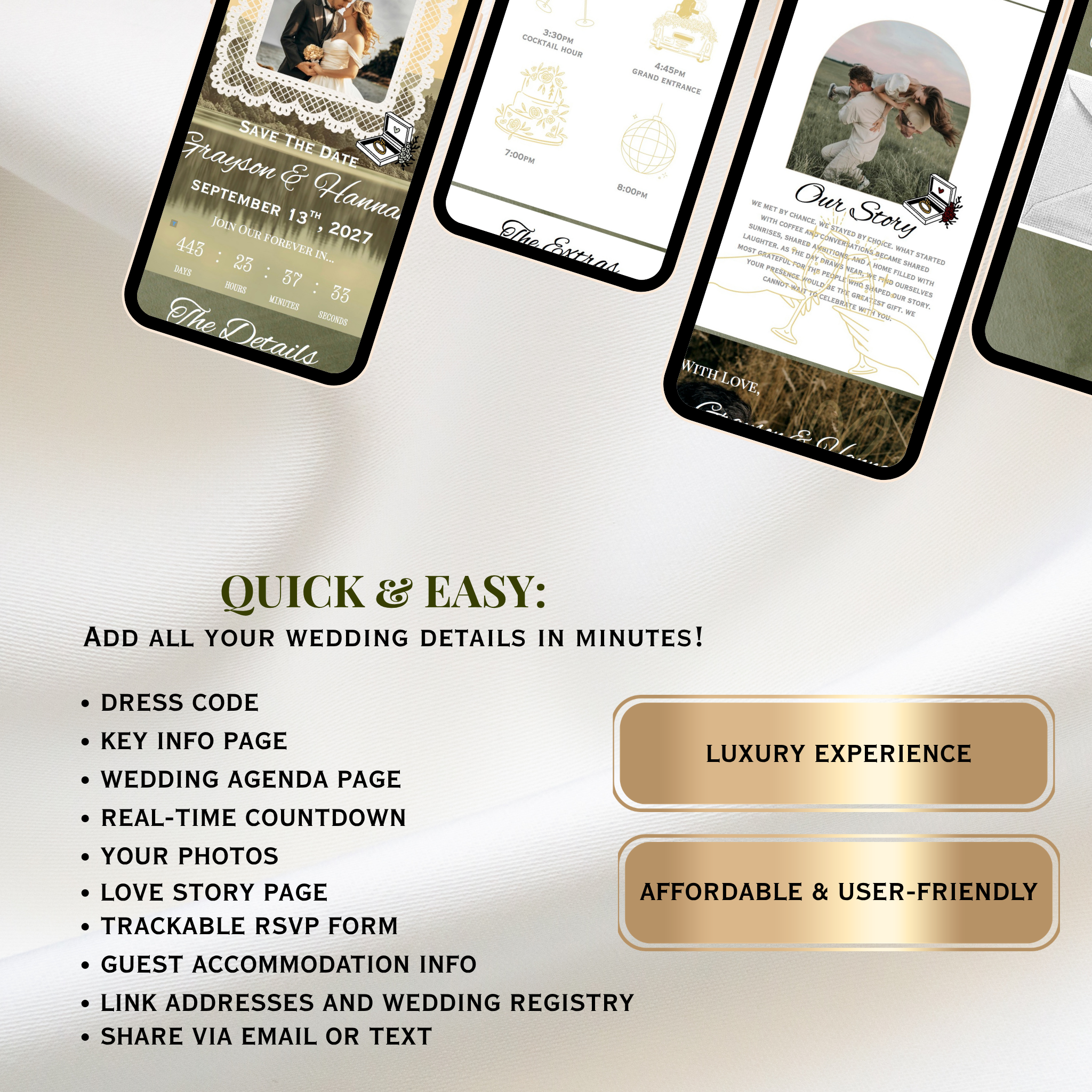 Olive Green And Gold Wedding Website + Save The Date | Live Countdown + Trackable RSVP | Fully Customizable
