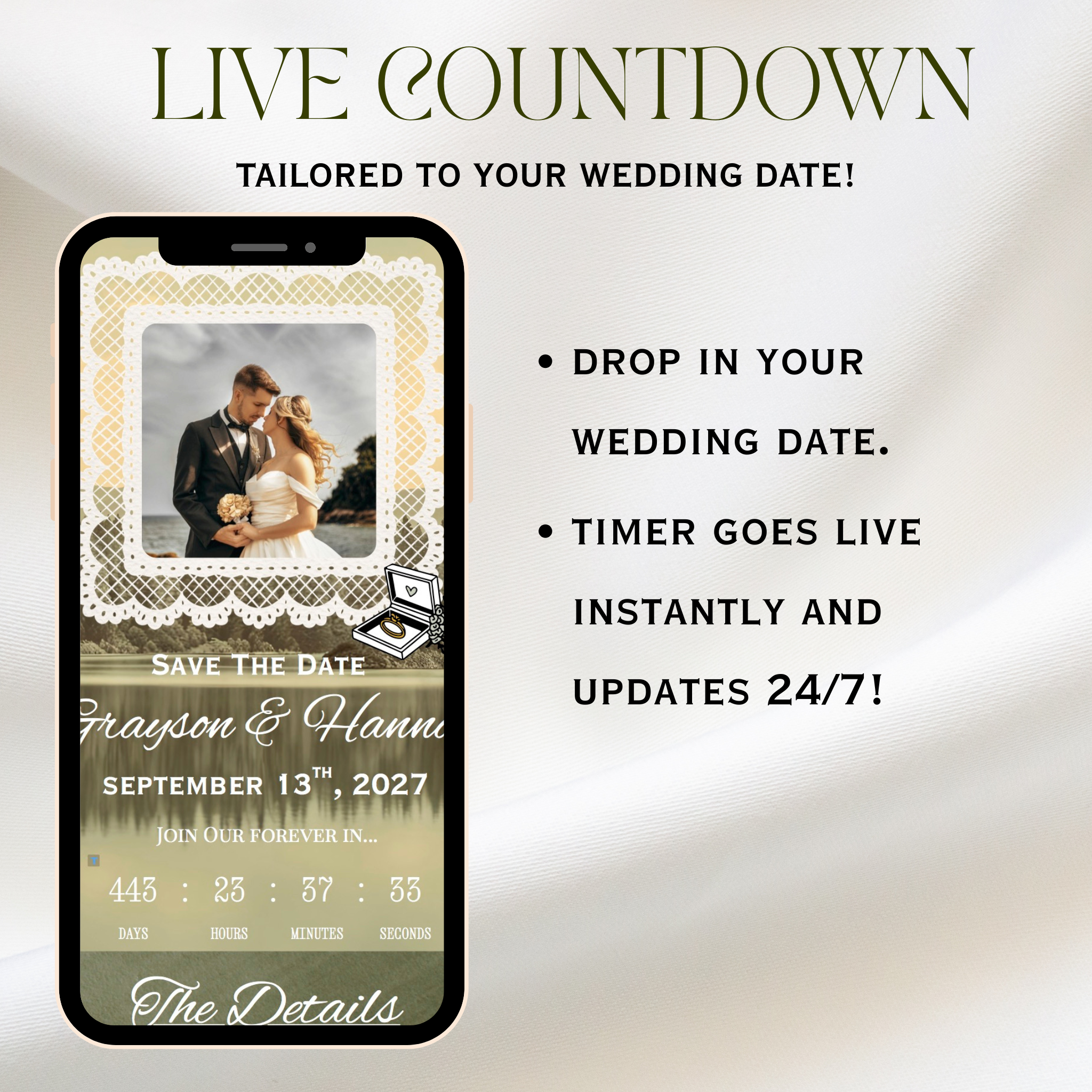Olive Green And Gold Wedding Website + Save The Date | Live Countdown + Trackable RSVP | Fully Customizable