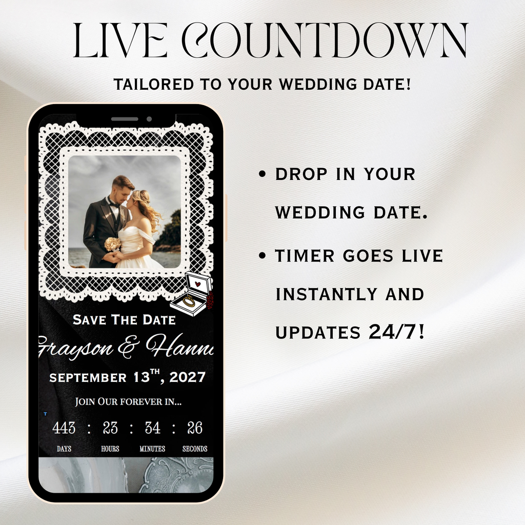 Piano Black And White Wedding Website + Save The Date | Live Countdown + Trackable RSVP | Fully Customizable