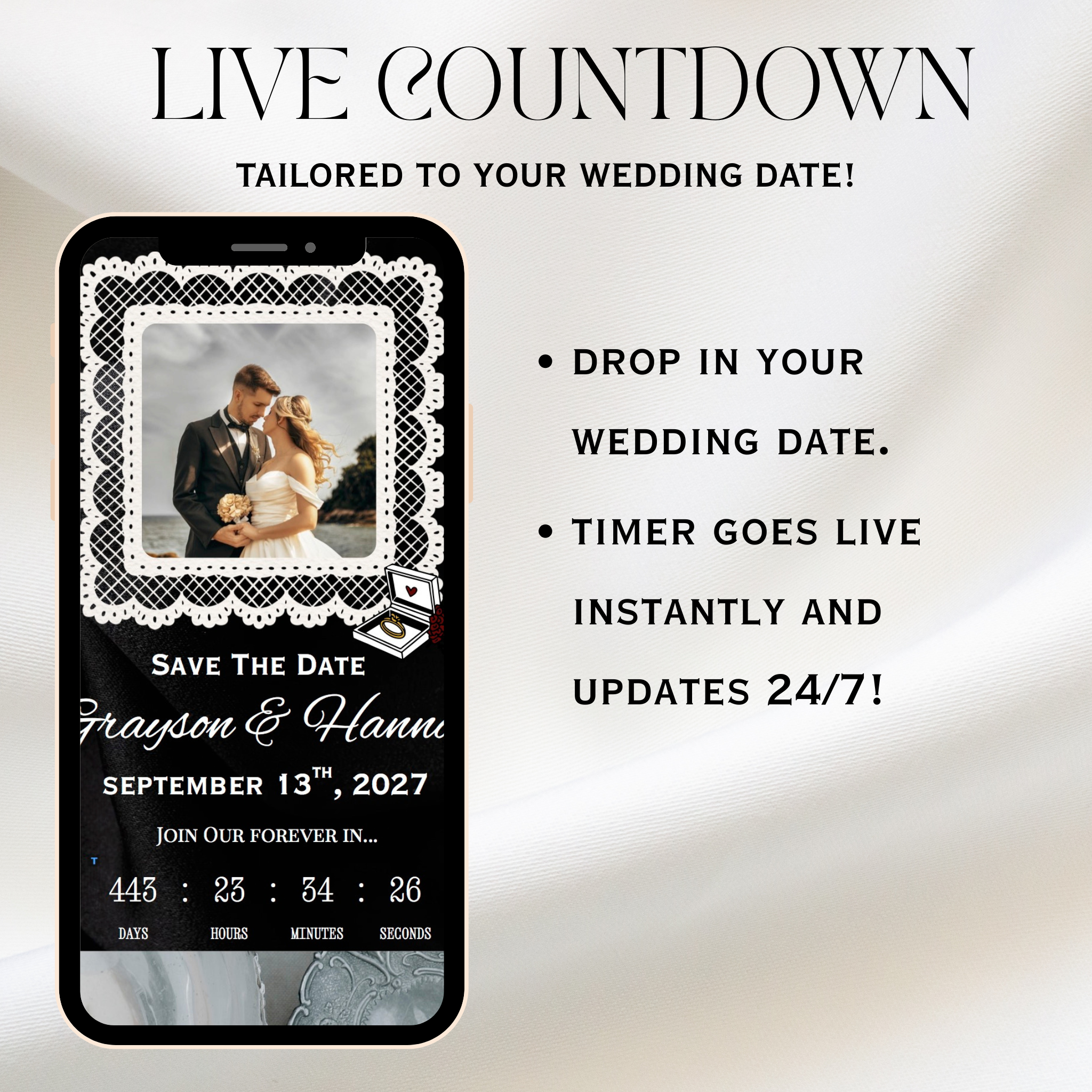 Piano Black And White Wedding Website + Save The Date | Live Countdown + Trackable RSVP | Fully Customizable
